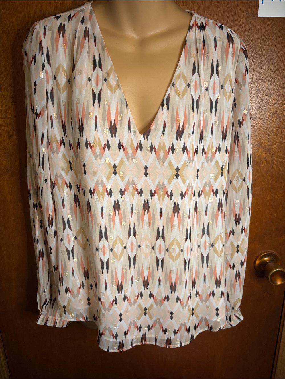 V-Neck Geo Print Long-Sleeve Blouse - White/Pink/Gold